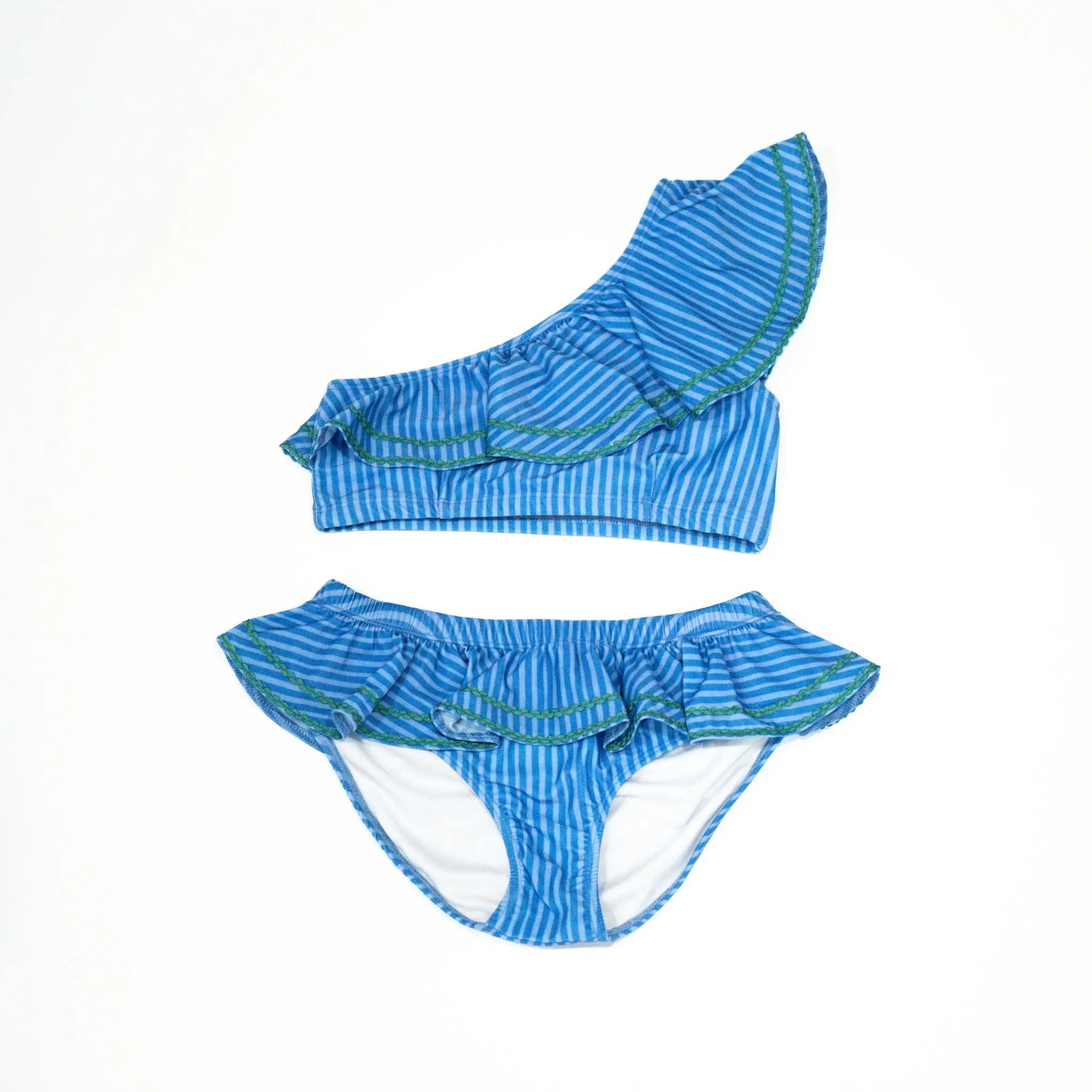 One Shoulder Ruffle Bikini Set - Blue on Blue Stripe