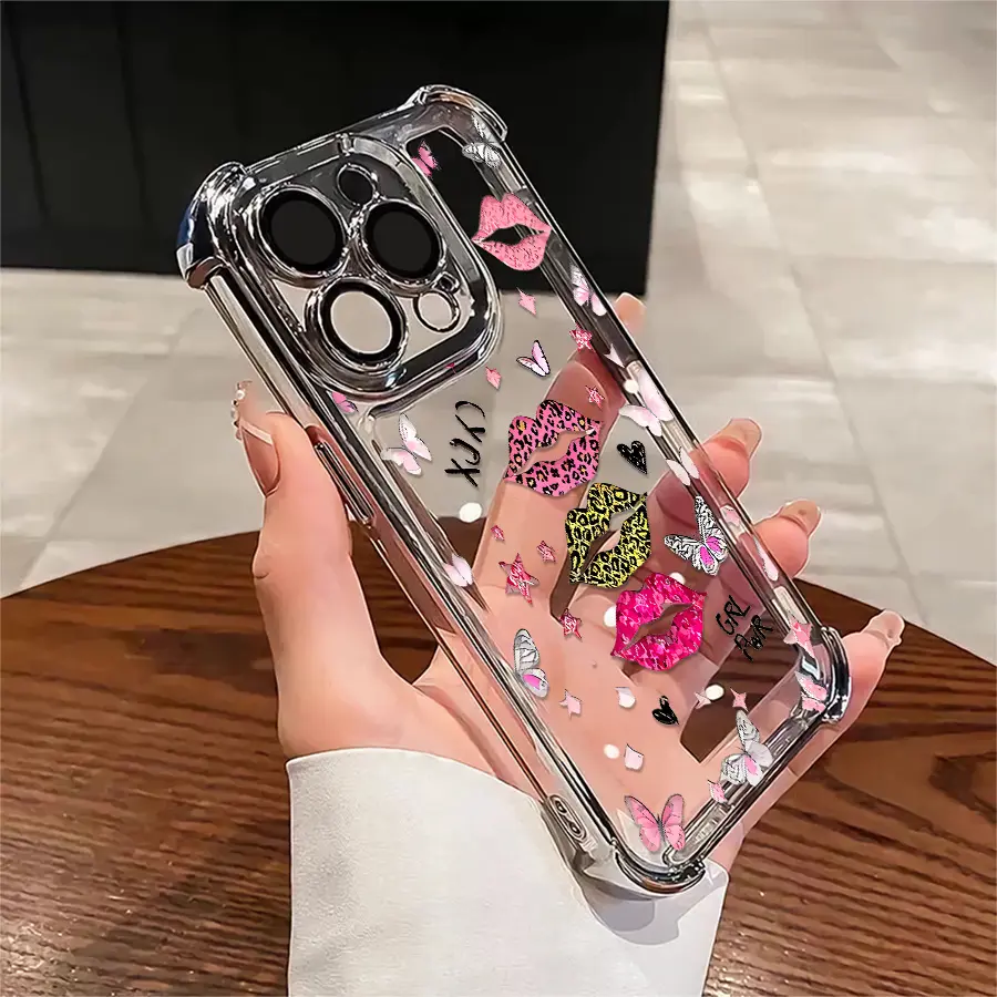 For iPhone 7 8 X XS XS Max 11 12 13 14 15 16 17 Plus Pro Max, Viral Y2K Pink Lips Clear iPhone Case, Glossy Multi-Color Electroplated Frame, Leopard Print Kiss Butterfly Sticker Print Heavy Duty Anti-Drop Phone Shell Multiple Shades Available