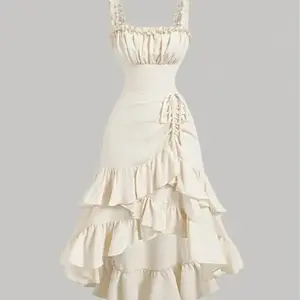Apricot romantic vintage palace-style multilayer ruffle trim dress for women, milkmaid dress; birthday dresses for women