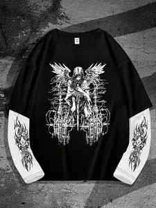 Trendy Two-Piece Long Sleeve T-Shirt, Body Sleeves, Winged Figure Graphic Print, Korean Loose Fit, Casual Streetwear