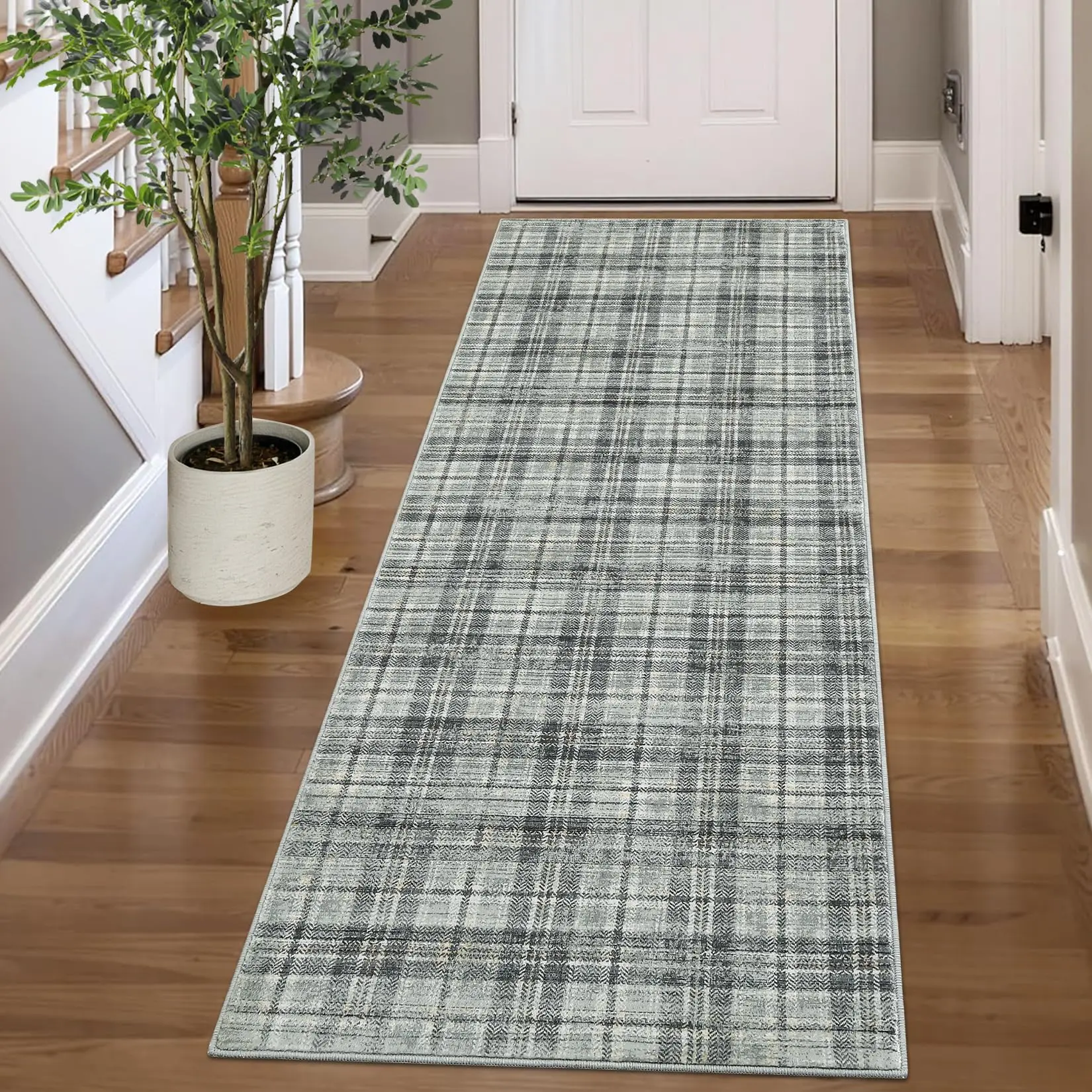 Washable Kitchen Runner Rug 2x8 Plaid Hallway Runner Rug, Non Slip Bathroom Rugs Soft Tartan Throw Mat Rustic Stain Resistant Carpet Runner for Laundry Entryway Bedroom 2'x8' Green