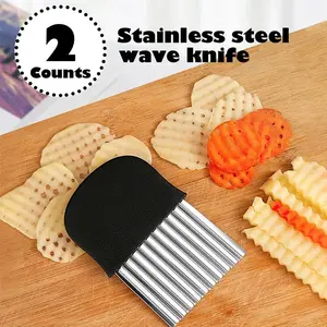 2 Counts Large Crinkle Cutter, French Fry Slicer, Potato Knife Cutter, Wavy Chopper for Fruits and Vegetables, Stainless Steel Blade Kitchen Cutting Tool