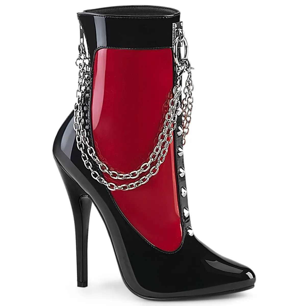 Women's Contrast Patent Leather Ankle Boots - 5.5-In Stiletto Heel, Metal O-Ring Knocker, Hanging Chain, Stud Details, Zip Closure, Footwear for Casual & Formal Occasions