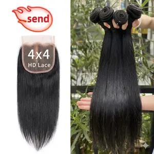 JOPEAR 【14A Premium Upgraded】30 40 Inch Straight Human Hair Bundles 16 Inch 4x4 HD Lace Closure 14A Raw Hair Bundles Real Human Hair Extensions Brazilian Weave 3 4 Bundles Fast Shipping#Summer