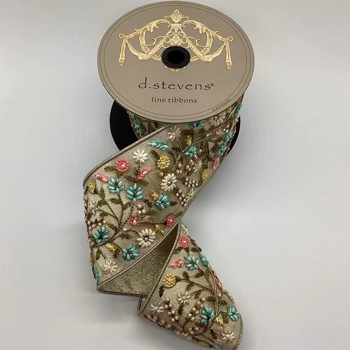 4" X 5YD Platinum Metallic Dupion Jeweled Floral Ribbon