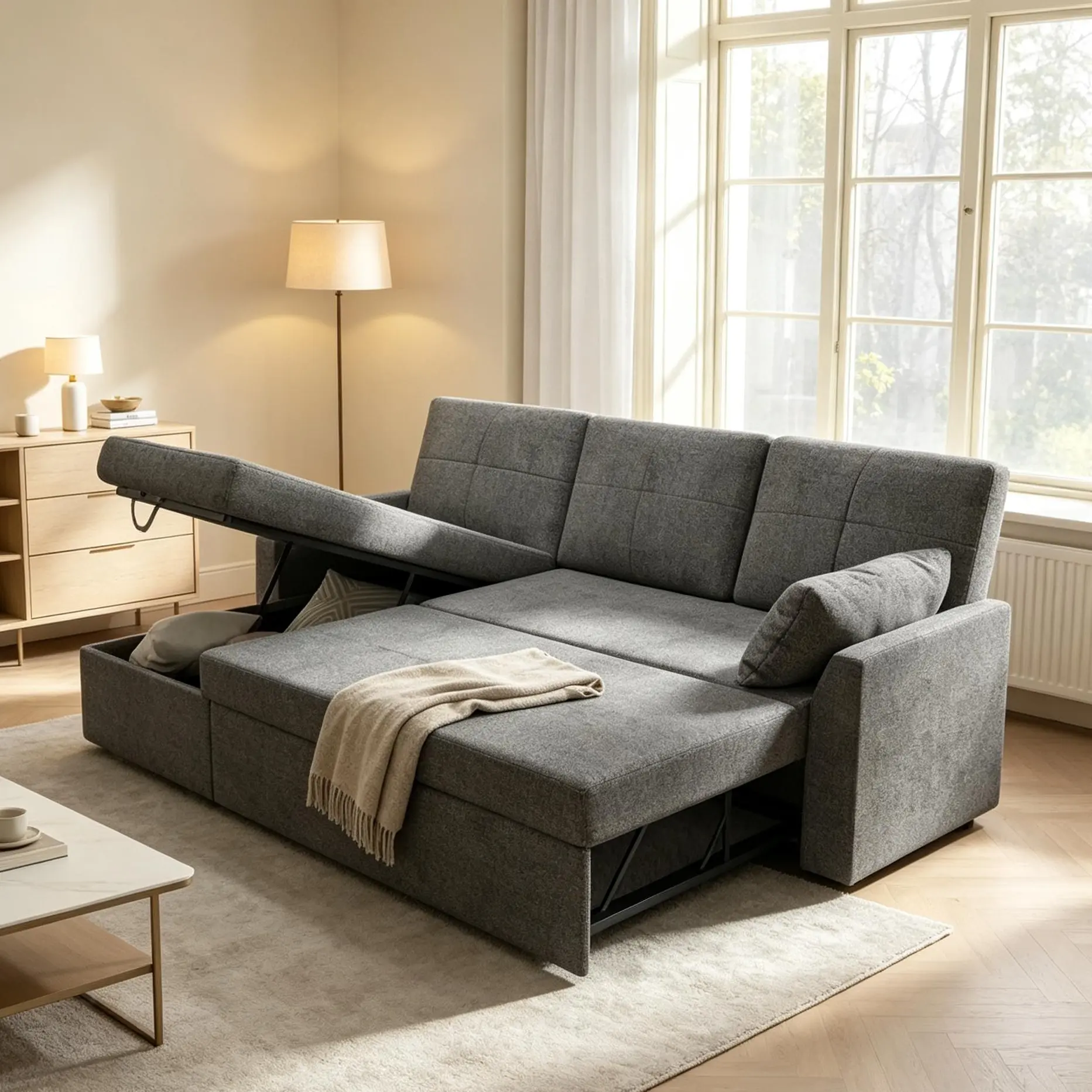 Classic Large L-Shaped Sectional Storage Sofa with Chaise, Reversible Sleeper Sofa Bed, 2-in-1 Pull Out Couch Living Room Furniture/Best Gift Ideas/Christmas Gifts