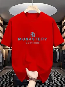 Monastery Couture Letter T-Shirt, Casual Fitted Short Sleeve Top, Light Luxury Simple Style, Daily Wear Fashion Men's Clothing