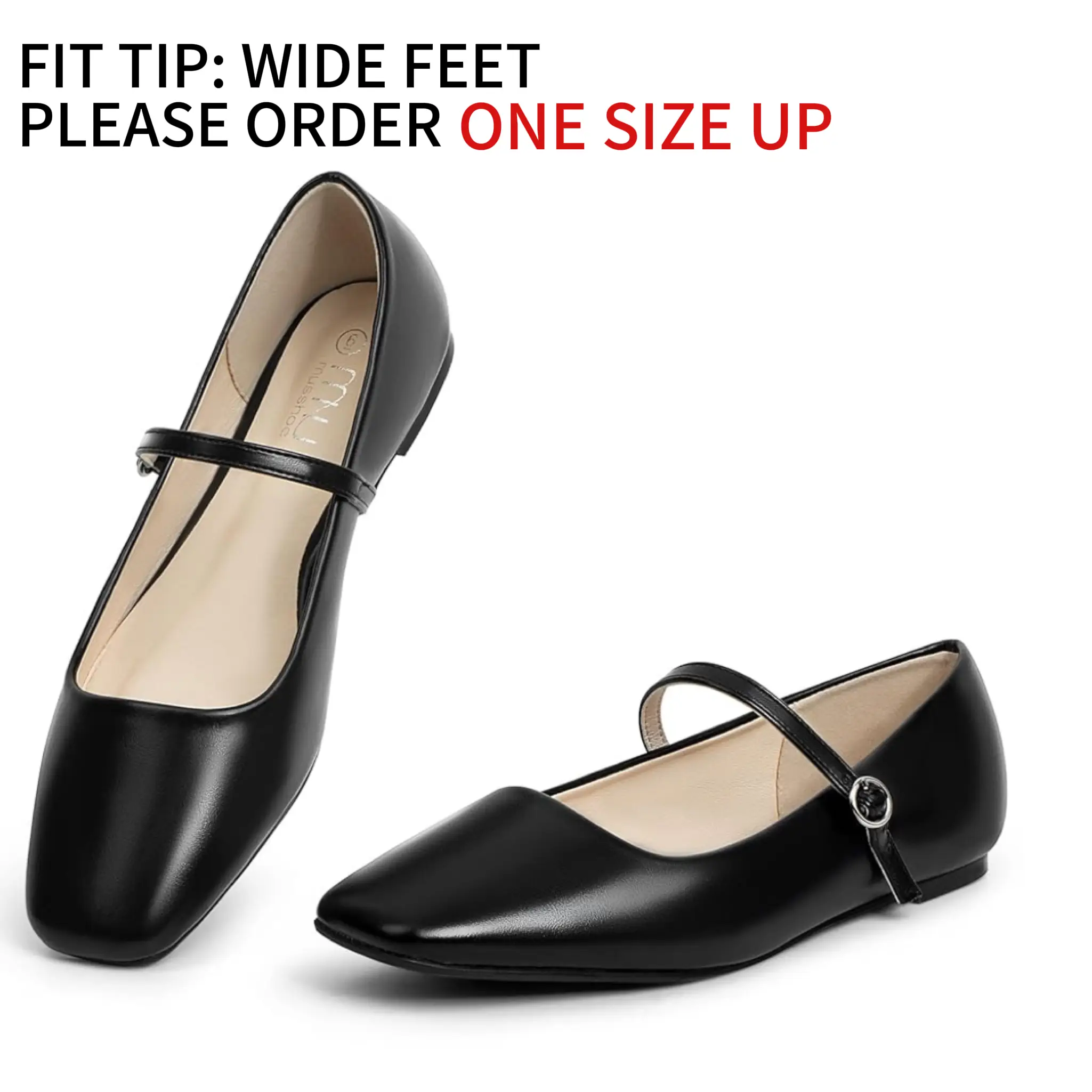 MUSSHOE Square Toe Mary Jane Flats with Adjustable Strap and Comfy Insole