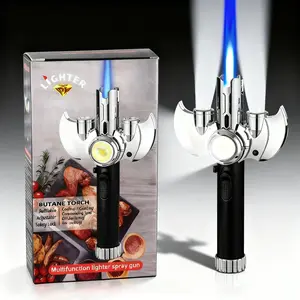 High-Power Metal Large Torch Flame Lighter | Super Strong Windproof Butane Gas Jet Torch with Cob Lighting, Multi-Purpose for Barbecue, Baking, Camping & Moxibustion (Aluminum, Without Butane Gas/No Battery)