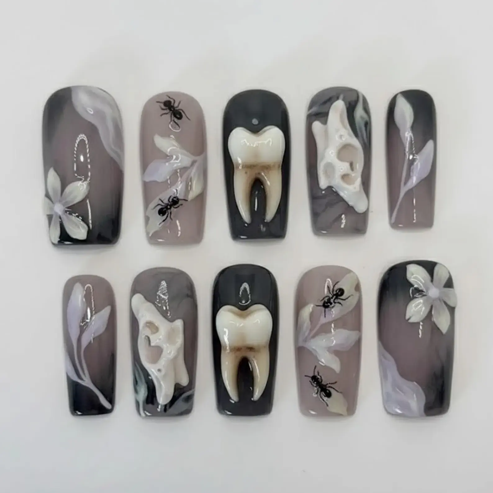Handmade Surrealist Teeth Nails | 3D Human Tooth, Ant & Skull Bone Press On nails