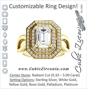 Cubic Zirconia Engagement Ring- The Magda Lesli (Customizable Double-Halo Style Radiant Cut with Curving Split Band)