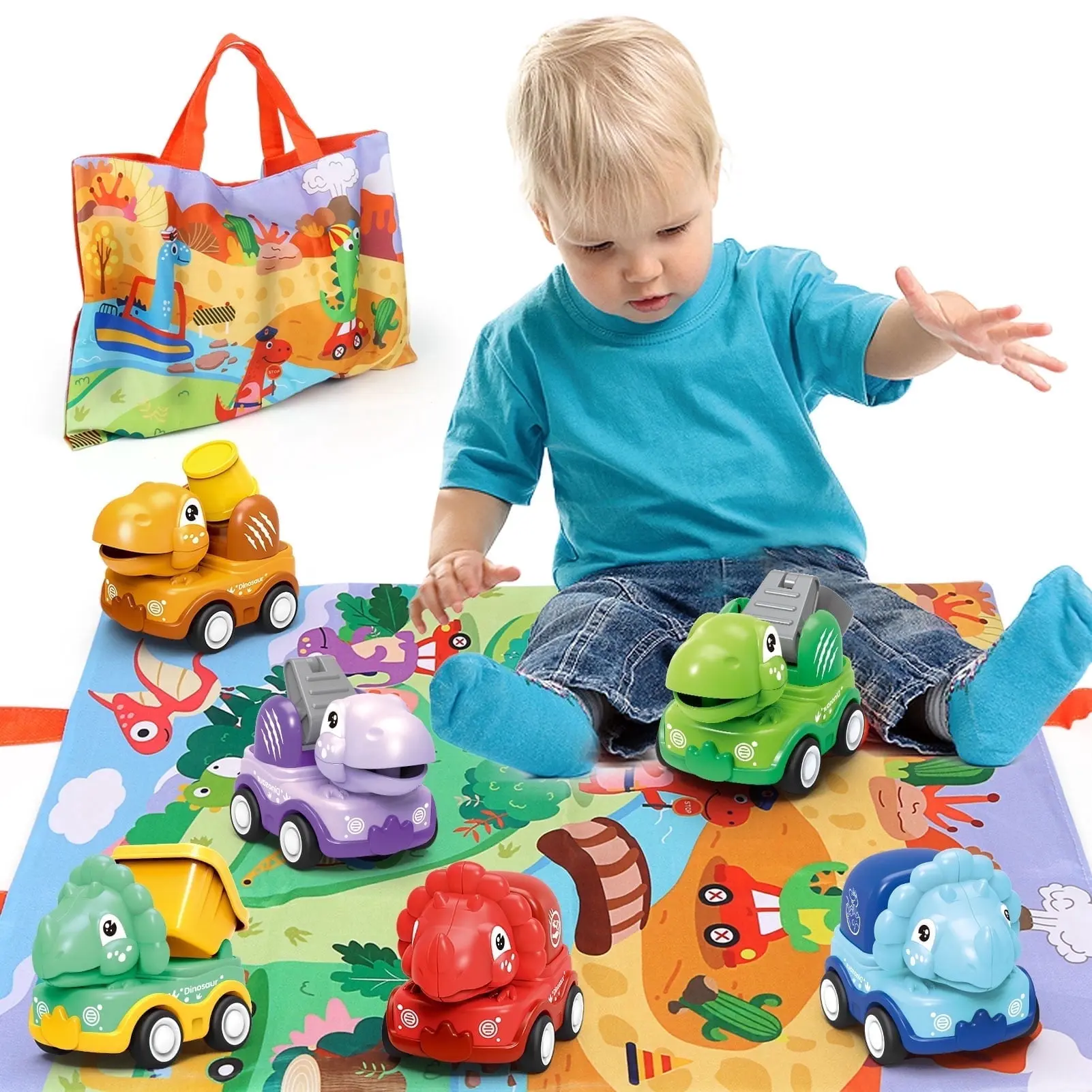 Dino Builder Toy Car Set - 6 Pull-Back Construction Vehicles, Play Mat, ABS Plastic Toy Set for 3+ Years Creative Toddler Play
