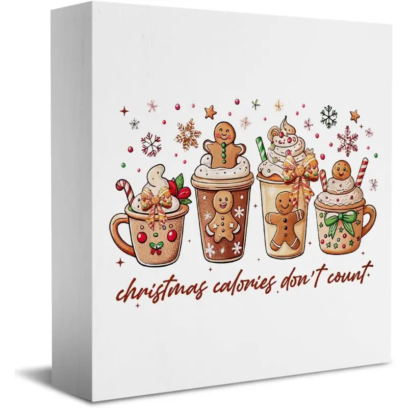 Christmas Coffee Bar Decor,Gingerbread Christmas Decor,Gingerbread Kitchen Decorations,Home Office Wooden Box Sign for Desk Table Shelf 5x5 inch