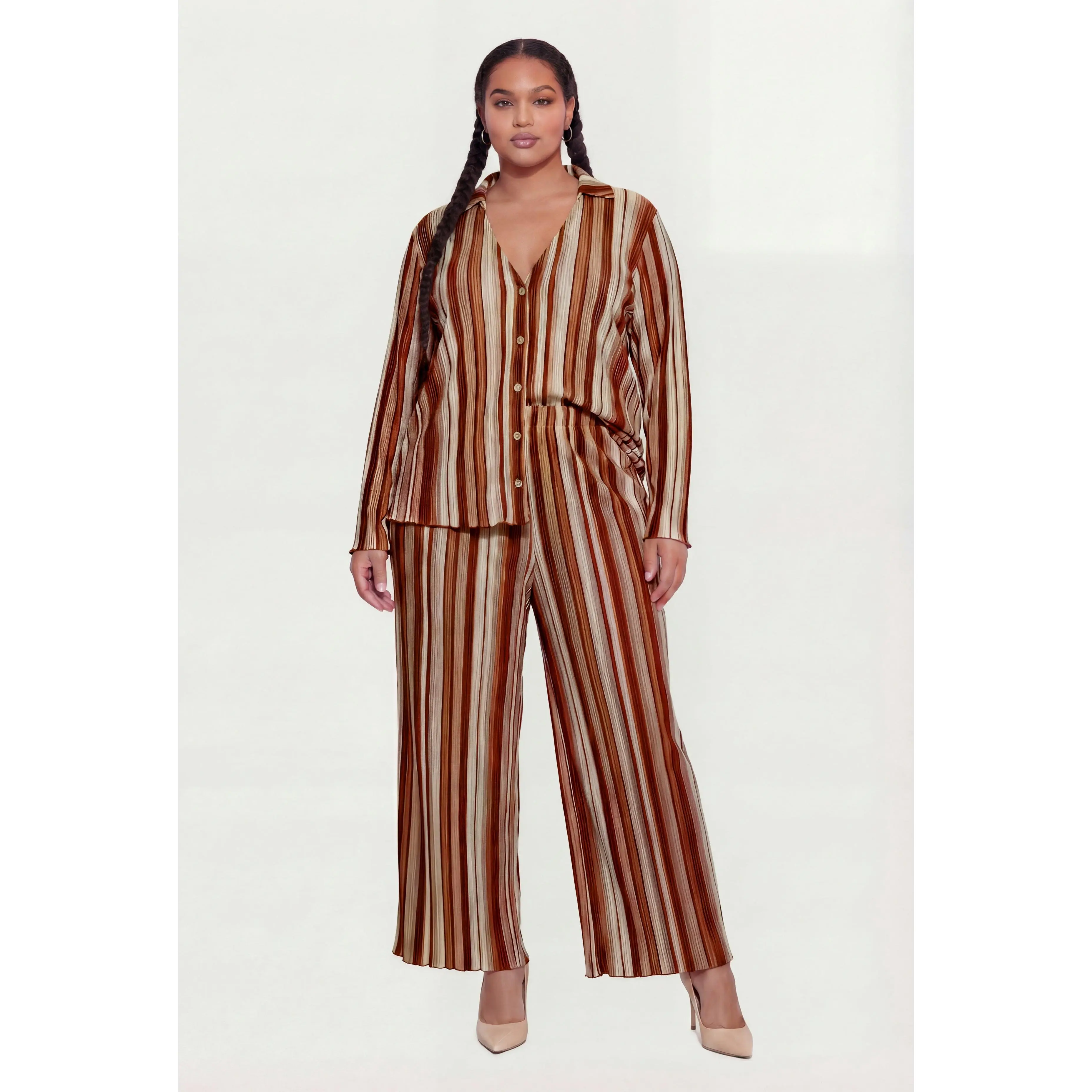 Plus Size Striped Plisse Wide Leg Pants