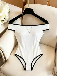 Korean Ins Style Off-Shoulder Contrast Ribbed Bodycon Bodysuit Slim Fit Casual Versatile Coquette Hot Girl Sleeveless Top