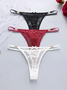 3-Pack Multicolor Assorted Women's Lace Thongs, Panties, Underwear, Fit, Sexy Luxury Style, Rhinestone Metal Decor, Date Night & Lingerie Wear