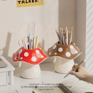 Cute mushroom storage box with polka-dot cover and white base-multifunctional desktop organizer, Stationary Organizer Holder, open and closed compartment, suitable for pens, pencils, cosmetic brushes, scissors-mushroom-shaped pen holder