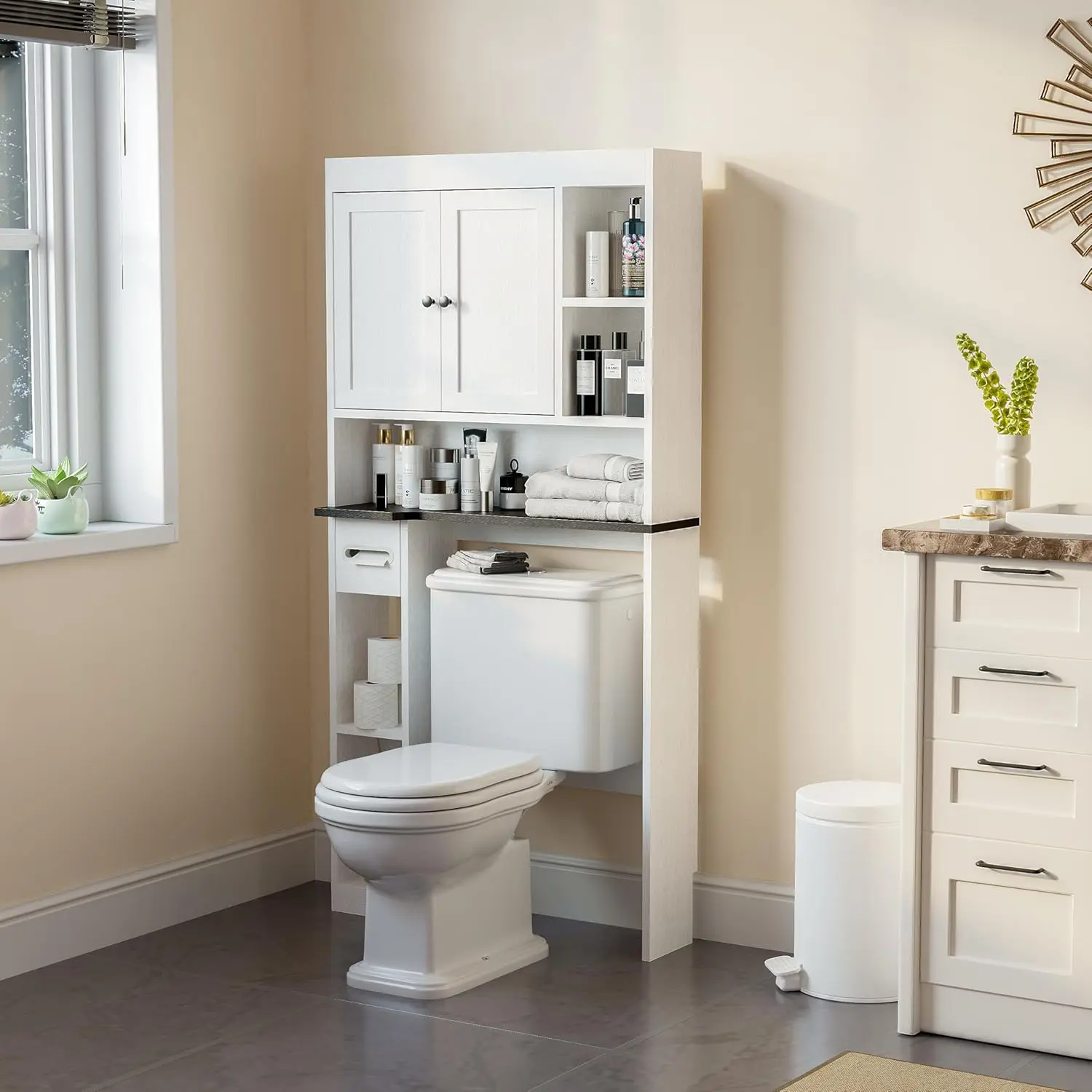 Over-the-Toilet Storage Cabinet, 7-Shelf Bathroom Organizer with Double Doors, Adjustable Shelves and Toilet Paper Holder, Freestanding Space-Saving Toilet Rack for Small Bathrooms, Restrooms and Laundry Rooms, White