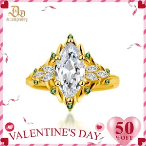Delzzad 14K Gold-Plated 2.2ct Vintage Marquise Cut Leaf Cluster Engagement Ring Band VVS Synthetic Moissanite Ring Jewelry S925 Dainty Ring Band Flower Wedding Ring Perfect Birthday Engagement Wedding Anniversary Christmas Gift