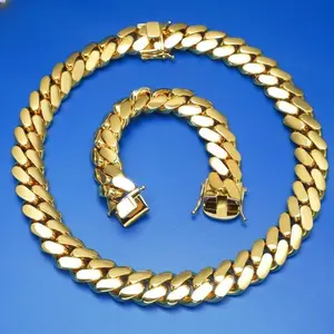 14mm Miami Cuban Chain 18K Gold Chain Necklace & Bracelet Set with Hidden Magnetic Clasp Stealth Wealth Hip Hop Jewelry Kit 7.5 - 30" Tarnish-Proof