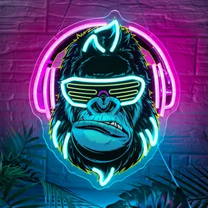 LED Neon Gorilla Sign, Cool Headphone Ape Neon Light for Gaming Room Bedroom Bar Party Wall Decor, USB Powered