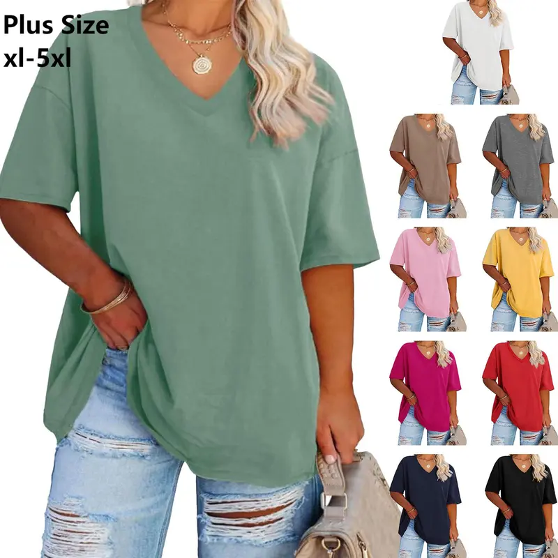 【1XL-5XL】Plus Size Curve Imily Bela Curve Women's V Neck T Shirts Summer Half Sleeve Tees Casual Loose Fit Cotton Tunic Tops