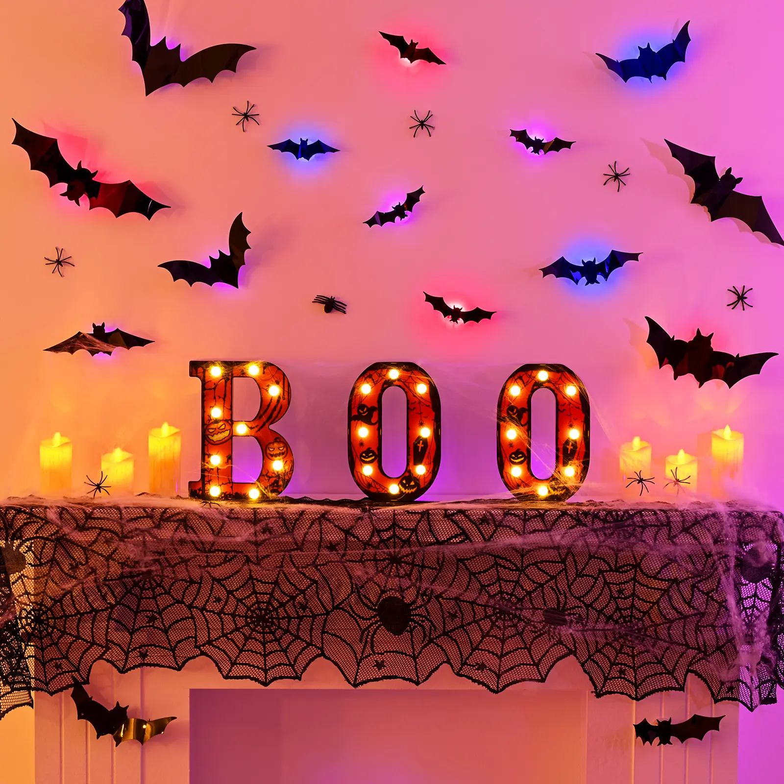 Spooky Halloween Party Decorations Kit with Light-Up BOO Letters, LED Candles, Spider Web, Spider Stickers & Bat Stickers for Indoor Home Decor