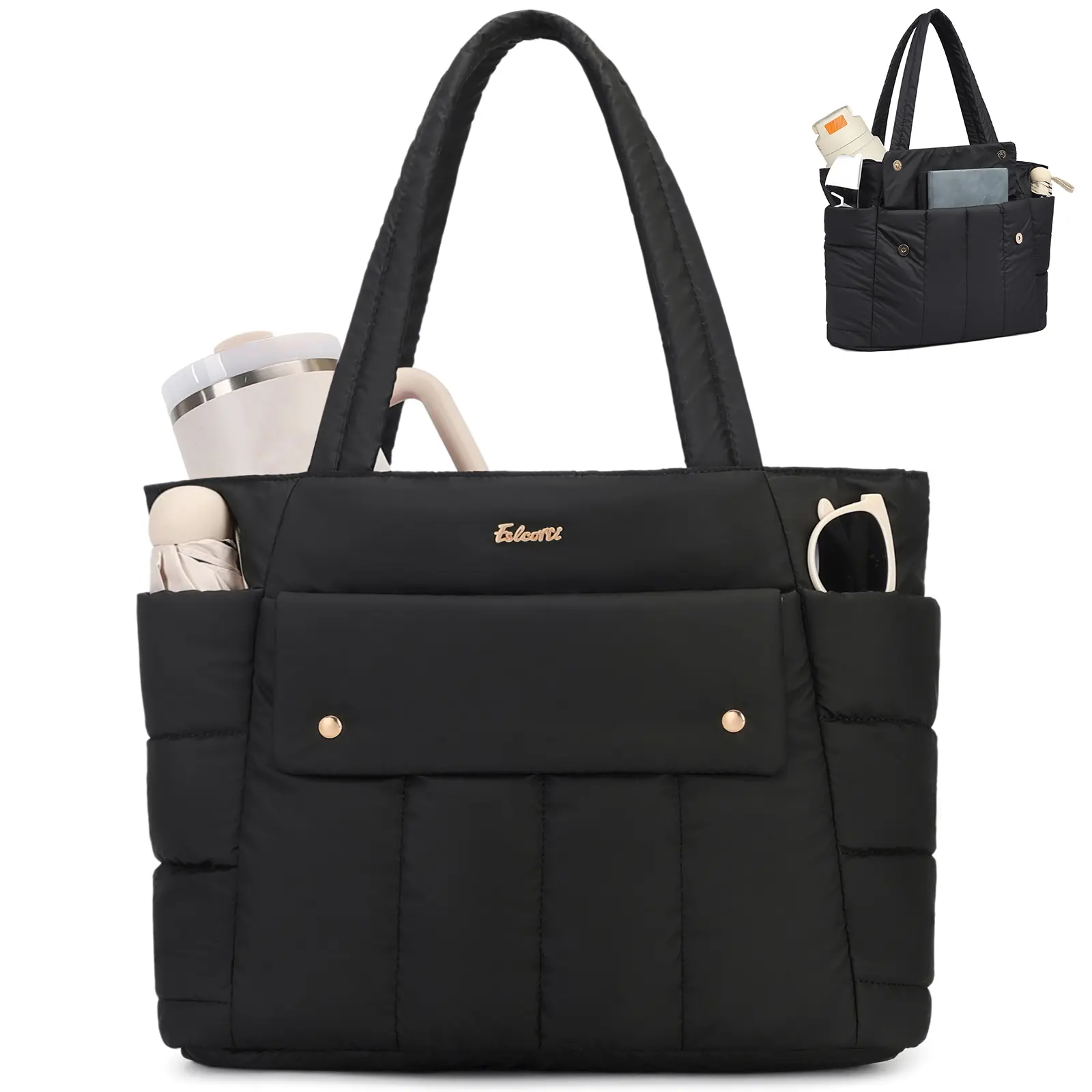 Eslcorri Large Quilted Puffer Tote Bag for Women – 21L Lightweight Work Shoulder Bag with Luggage Sleeve for Travel, Gym & Everyday Use