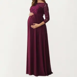 Anna-Kaci Women's Lace Bodice Maternity Maxi Dress with Sheer Three-Quarter Sleeves and Soft Flowing Skirt for Elegant Comfort - Medium, Burgundy