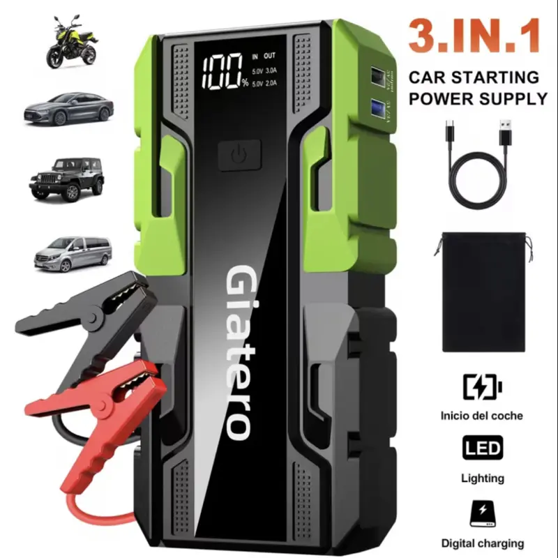 Giatero 12000A Car Emergency Starter 12V Battery Pack with 3 Modes Flashlight Jumper Cable for Cars Motorcycles SUVs Pickup Trucks