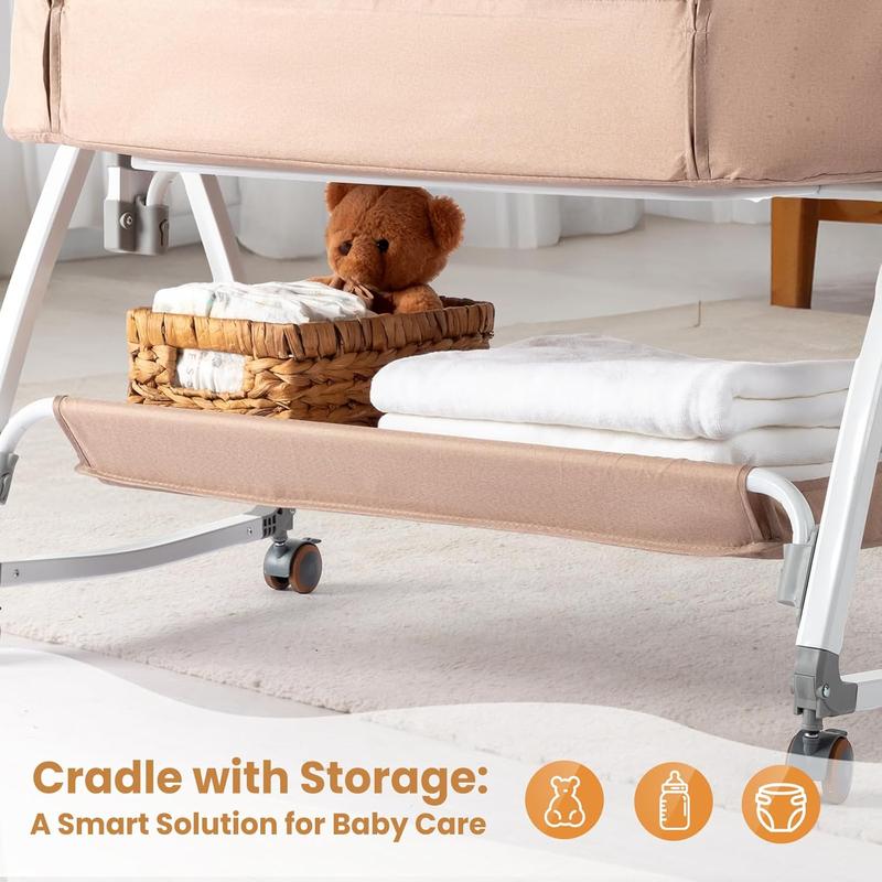 JOYMOR Baby Bassinet with Changing Table, Bedside Bassinet for Baby with Comfy Mattress and Wheels, 6 Height Adjustable Easy Folding Portable Bedside Crib for Newborn (Beige)