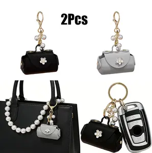2 Pcs Mini Purse Bag Charms & Keychain, Pearl Flower Faux Leather Small Coin Pouch, Fashion Handbag Backpack Car Key Ring Decor Accessories for Women Girls