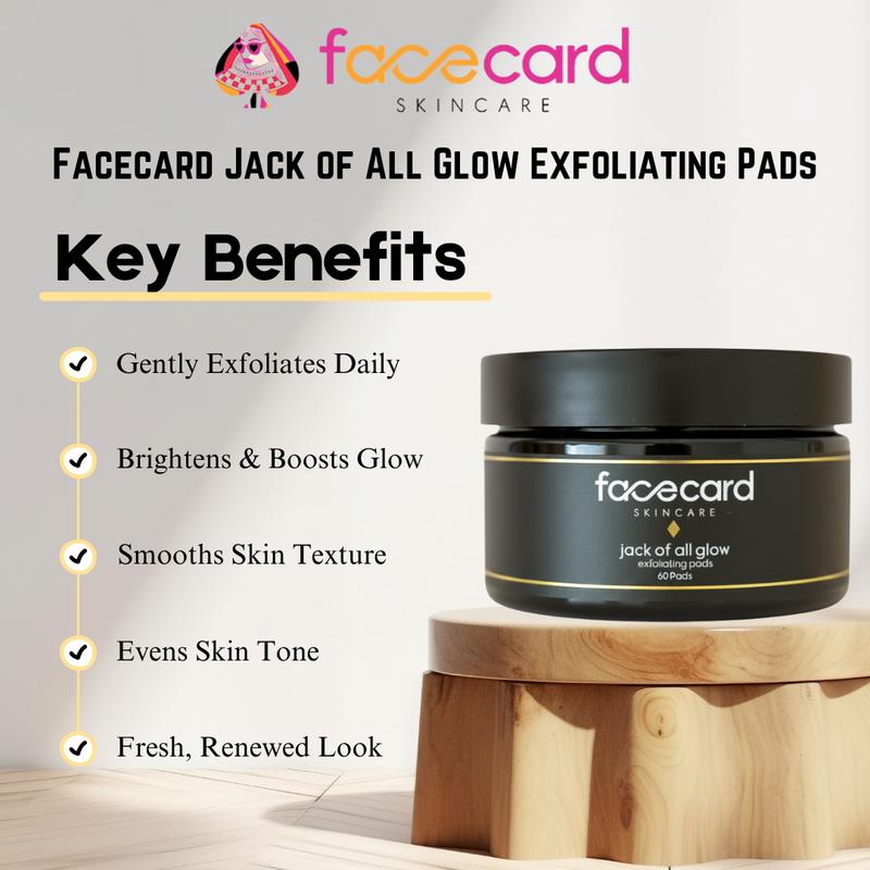 Facecard Jack of All Glow Exfoliating Pads | 60 Daily Facial Exfoliating Pads with Glycolic Acid, Salicylic Acid & Witch Hazel | Gentle Toner Pads for Smooth, Glowing & Brightened Skin