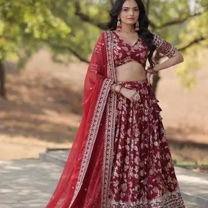 Fashionable viscose jacquard embroidered sequence work lehenga  choline with dupatta  in read