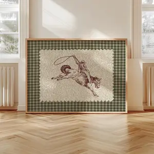 [SALE UP TO 40%] [Unframed] Vintage Striped Cowboy Rodeo Print, Western Wall Art, Giddy Up Horse Print, Aesthetic Retro Poster for Bedroom, Nursery, or Living Room (No Framed)