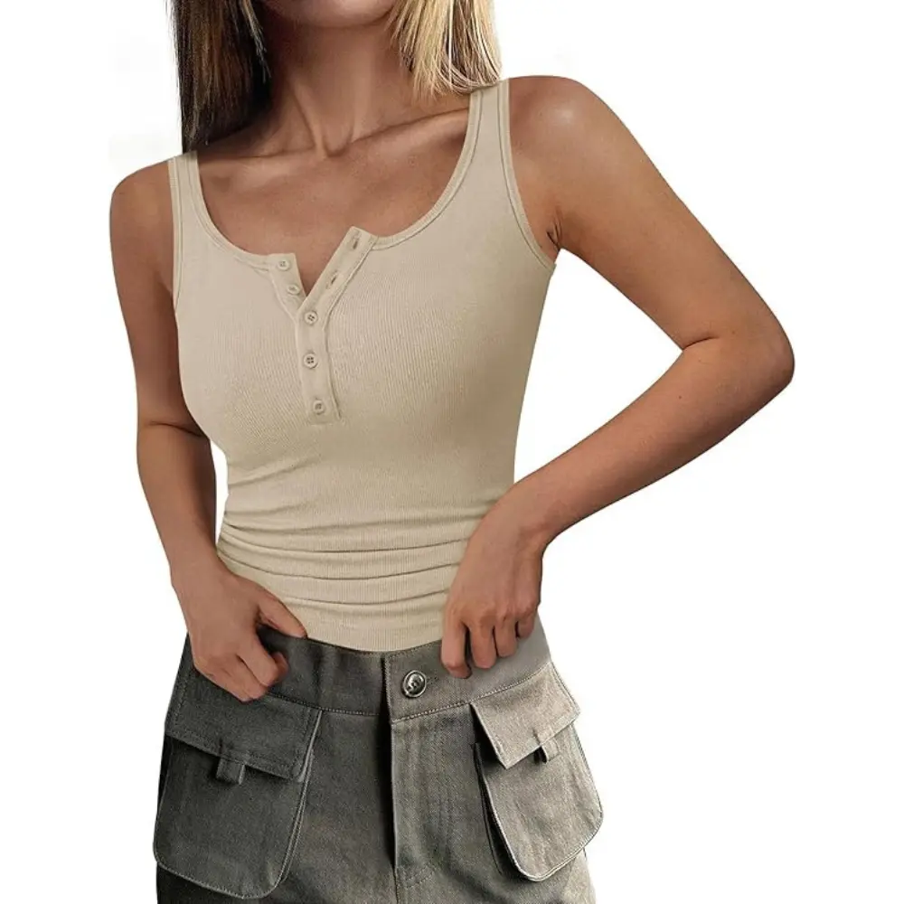 PrettyGarden Women's  Summer Tank Tops Ribbed Knit Slim Fit Sleeveless Henley Shirts Casual Basic Button Up Blouse