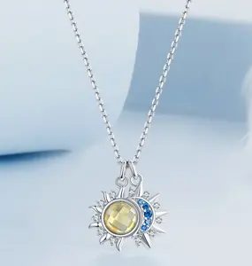 Exquisite 18K 925 Sterling Silver Sparkling Sun & Moon Pendant Necklace (45cm)