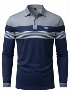 Men's Color-Blocked Striped Gray-Blue Long-Sleeve Polo Shirt - Polyester-Spandex Ribbed Wing Textured, Breathable, Slim Fit, Elegant Fabric, Classic Navy Menswear Top, Golf & Office Style, Sophisticated Casual Look, Ideal for Gifting