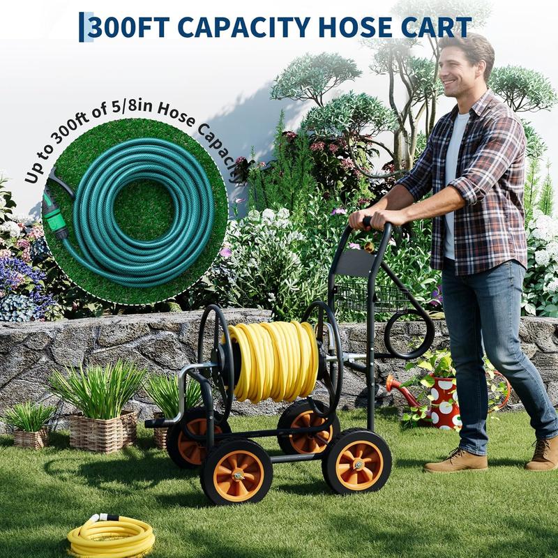 Heavy Duty Water Hose Reel Cart with Wheels,300ft Hose Capacity with Pre-Installed Hose Guide,Easy Assemble Outdoor Garden Hose Cart for Lawn,Yard,Patio,Car Washing