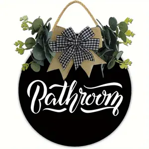 Bathroom Round Wooden Sign, Welcome Sign, Room Decor Wreath & Letter Pattern Hanging Wall Art, Farmhouse Front Door Front Porch Decor, Home Decor Products, New Home Housewarming Gift