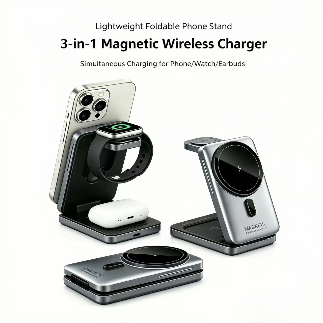 Apple Phone Watch Earbud 3-In-1 Magnetic Fast Charge Foldable Charger, 15w for iPhone 12-16, 2.5w for Iwatch, 5w for AirPods