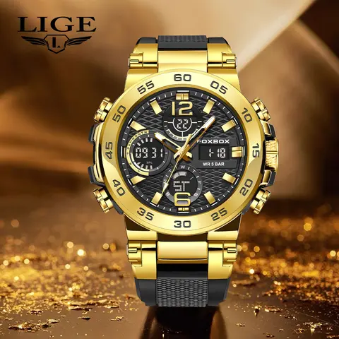 FoxBox Men's 46mm Round Face Analog-Digital Quartz Watch - Gold, Silicone Band, Large Disc, 100g Lightweight, Luminous Pointer, Waterproof, Fashionable Stylish Casual Quartz Analog Watch, Gift Option