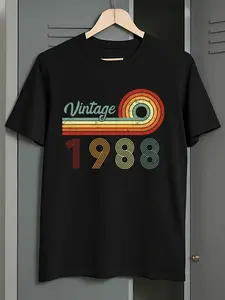 Men's 80s Retro Classic 1988 T-Shirt (1 piece) - 100% Cotton 180g Heavyweight Short Sleeve Crew Neck Casual T-Shirt with 1988 Print and Retro Logo - Machine Washable, Perfect Birthday Gift for August Birthdays, 80s Themed Party (Comfortable Colors)