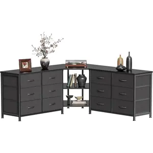 Huuger 48 Inch Black Dresser for Bedroom, Corner TV Stand for 43, 55 inch TV, L Shaped Chest of Drawer with Storage and Open Shelves, 12 Drawer Fabric Dresser for Closet, for Small Place