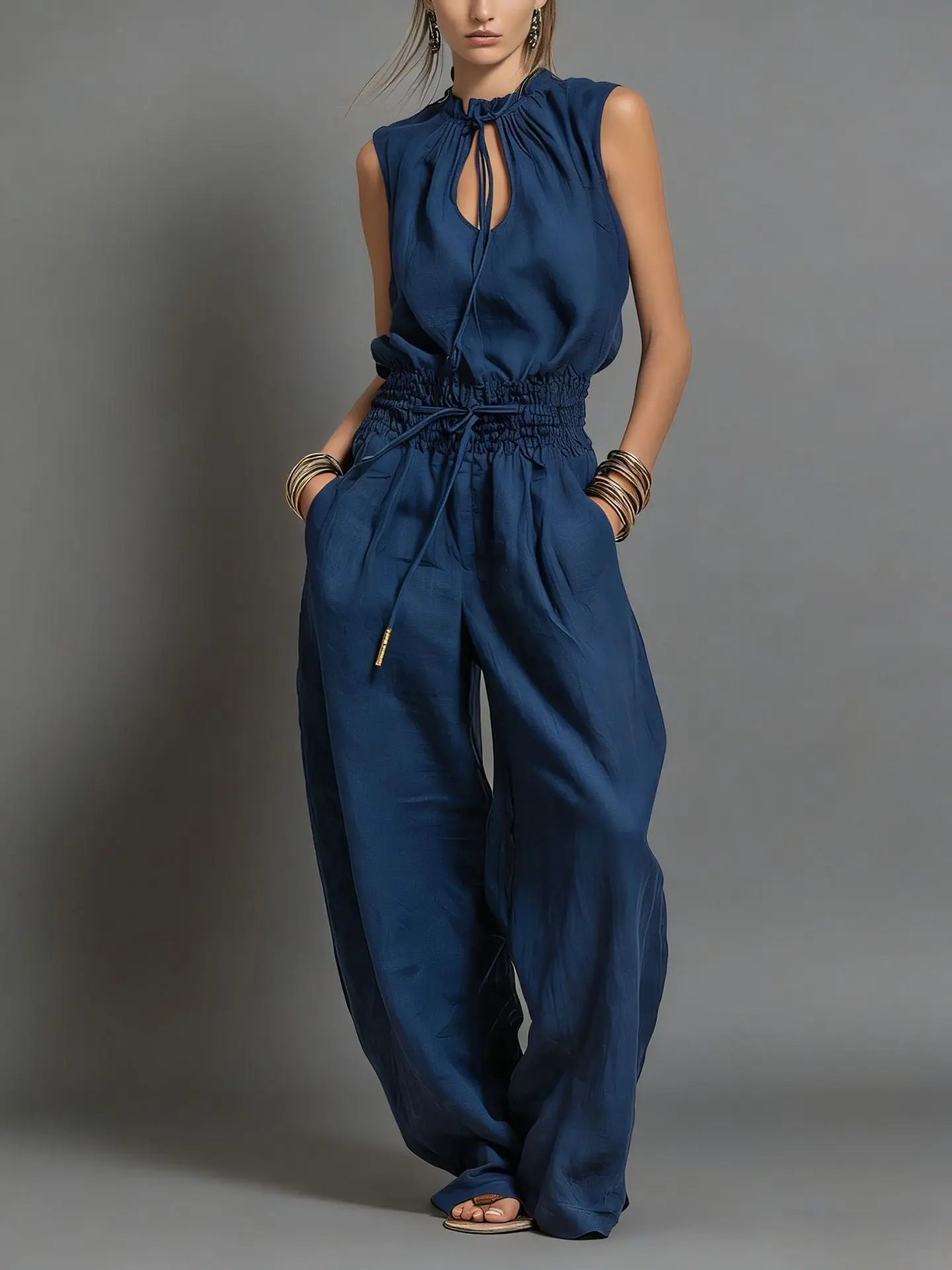 Women's Sleeveless Shirred High-Waist Wide-Leg Pullover Overalls - Thin Lightweight Polyester Wide-Leg Flared Jumpsuits & Rompers for Summer Streetwear