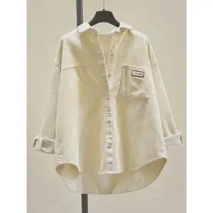 Women's Corduroy Button Down Casual Long Sleeve Blouse with Comfort Collar, Relaxed Fit, Oversized Design, Polyester Fabric, 2024 Fall Collection Shirts Top Womenswear Pockets Apricot Basic Minimalist