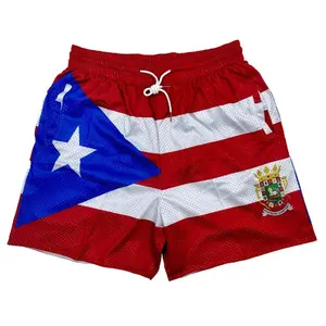 Puerto Rican Flag Shorts Unisex Sports Double-Layered Inner Shorts Full Print Drawstring Design Men Women Mesh Basketball Shorts 4 Pockets 5.5 Inseam