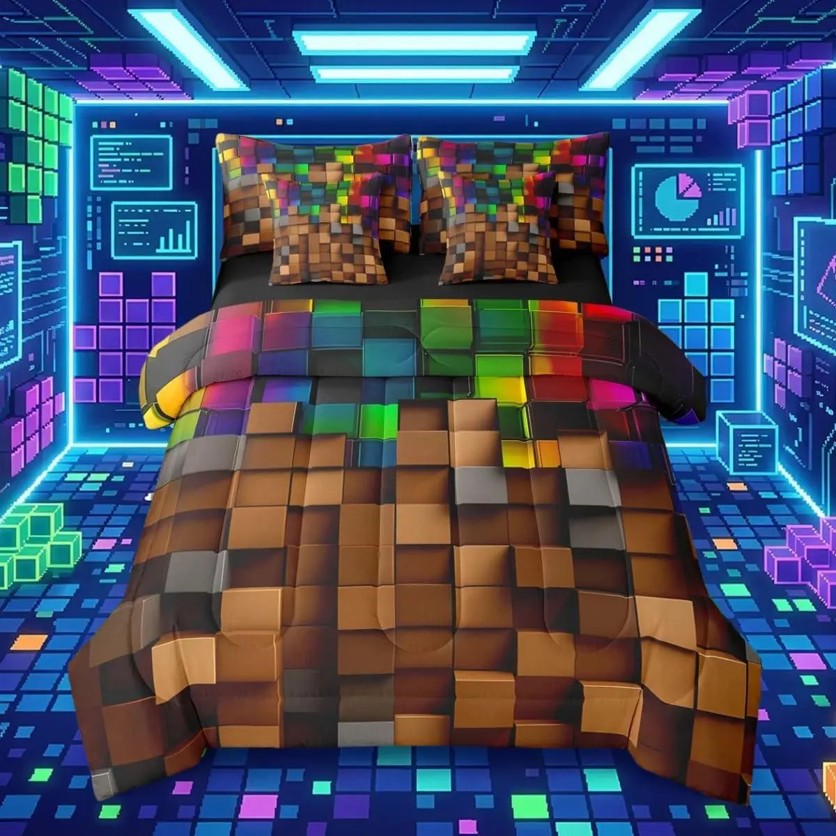 Pixelated Brown Green Red 7 Piece Bedding Set ,Geometric Check Video Games Bed in a Bag for Boys Girls,Gamepad Grid Comforter Set with Sheets,Pillowcases & Cushion Cover Room Decor