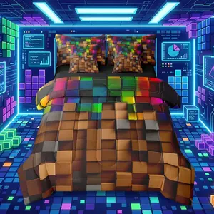 Pixelated Brown Green Red 7 Piece Bedding Set ,Geometric Check Video Games Bed in a Bag for Boys Girls,Gamepad Grid Comforter Set with Sheets,Pillowcases & Cushion Cover Room Decor