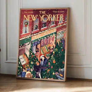 Vintage New Yorker Magazine Cover Print, Christmas Shopping NYC 1935 Poster, Retro Holiday Street Scene Wall Ar